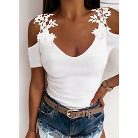 Women's T shirt Tee Going Out Tops Concert Tops Black White Wine Lace Cut Out Plain Casual Weekend Short Sleeve U Neck Off Shoulder Basic Sexy Regular S9007344