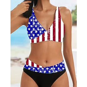 Women's Swimwear Bikini Normal Swimsuit American Flag 2 Piece Printing Red Navy Blue Blue Green Rose Red Bathing Suits Beach Wear Summer Sports9552642