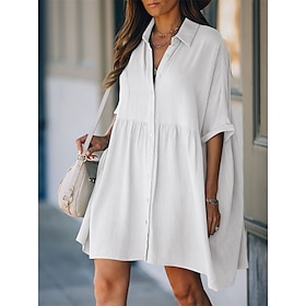 Women's Shirt Dress Casual Dress Outdoor Daily Mini Dress Basic Casual Cotton Ruched Button Shirt Collar Summer Spring Fall Half Sleeve Loose Fit 2023 Black Wh9538186