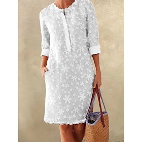 Women's Shirt Dress Casual Dress Cotton Linen Dress Cotton Blend Midi Dress Outdoor Office Business Elegant Modern Lace Button Crew Neck Summer Spring Fall 3/49555251