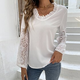 Women's Shirt Blouse Black White Lace Ruffle Plain Casual Long Sleeve V Neck Basic S9601216