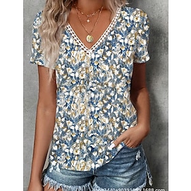 Women's T shirt Tee Blue Lace Trims Print Floral Casual Holiday Short Sleeve V Neck Basic Regular Floral S9558409