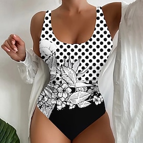 Women's Swimwear One Piece Normal Swimsuit Polka Dot Floral Printing White Yellow Blue Green Bodysuit Bathing Suits Beach Wear Summer Sports9576687