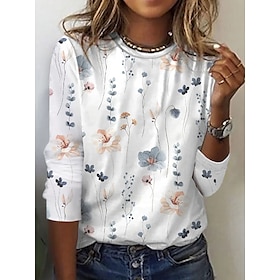 Women's T shirt Tee White Yellow Pink Print Floral Holiday Weekend Long Sleeve Round Neck Basic Regular Floral Painting S9592129