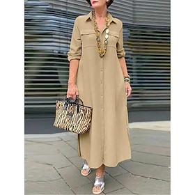 Women's Shirt Dress Casual Dress Outdoor Daily Maxi long Dress Basic Classic Polyester Button Pocket Shirt Collar Summer Spring Fall Long Sleeve Loose Fit 20239610625