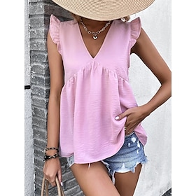 Women's Tank Top Black Pink Khaki Ruffle Plain Casual Sleeveless V Neck Basic Regular S9595398