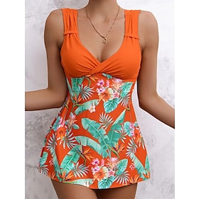 Women's Swimwear 2 Piece Normal Swimsuit Leaf Floral Backless fold over Print Light Blue Red Blue Orange Brown V Wire Bathing Suits Vacation Holiday New9119493