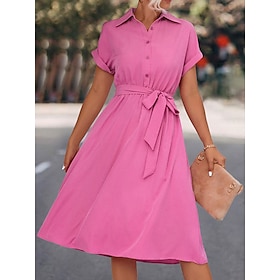 Women's Shirt Dress Casual Dress Outdoor Daily Date Midi Dress Casual Classic Polyester Lace up Ruched Shirt Collar Summer Spring Short Sleeve Loose Fit 2023 B9479172