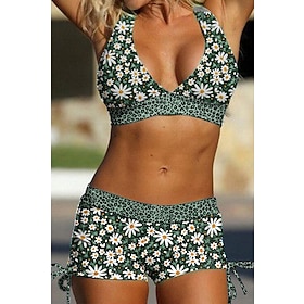 Women's Swimwear Bikini Normal Swimsuit Leopard Daisy 2 Piece Printing Green Bathing Suits Beach Wear Summer Sports9479296