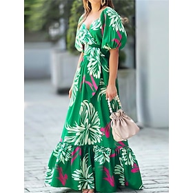 Women's Swing Dress Print Dress Long Dress Maxi Dress Fashion Streetwear Leaf Floral Ruched Print Outdoor Holiday Going out V Neck Short Sleeve Dress Regular F9540695