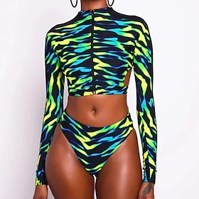 Women's Swimwear Rash Guard Diving 2 Piece Normal Swimsuit Striped Zipper UV Protection Modest Swimwear Open Back Stripe Purple Green V Wire Padded Bathing Sui9033607