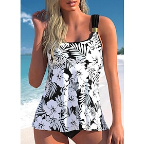 Women's Swimwear Tankini 2 Piece Normal Swimsuit Floral 2 Piece Printing Black White Navy Blue Blue Sky Blue Bathing Suits Beach Wear Summer Sports9519573