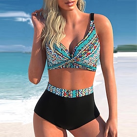 Women's Swimwear Bikini Bathing Suits 2 Piece Normal Swimsuit Backless 2 Piece Printing Adjustable Black Blue Yellow Strap Padded Blouse Bathing Suits Vacation9298104