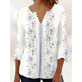 Women's T shirt Tee White Yellow Pink Button Print Floral Holiday Weekend 3/4 Length Sleeve Round Neck Basic Regular Floral Painting S9540161