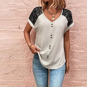 Women's T shirt Tee claret Black White Pocket Color Block Daily Weekend Short Sleeve V Neck Basic Regular S9564284