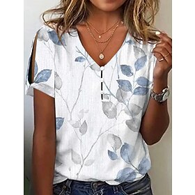 Women's T shirt Tee White Yellow Wine Button Cut Out Floral Holiday Weekend Short Sleeve V Neck Basic Regular Floral Painting S9555700