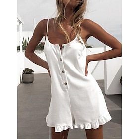 Women's Romper Solid Color Ruffle Button Streetwear Crew Neck Street Daily Spaghetti Strap Regular Fit Black White Orange S M L Summer9515170