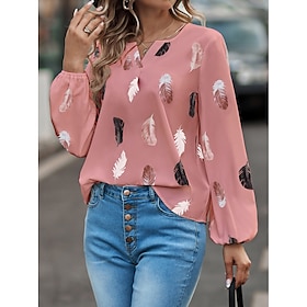 Women's Tunic Black White Pink Print Feather Casual Long Sleeve V Neck Sexy Regular Loose Fit Plus Size S9406340