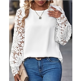 Women's Shirt Blouse Black White Lace Print Floral Heart Casual Long Sleeve Round Neck Basic Regular Floral S9600738