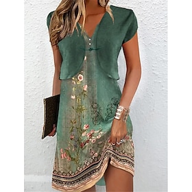 Women's Two Piece Dress Set Outdoor Daily Casual Dress Tank Dress Button Print Active Fashion V Neck Midi Dress Floral Short Sleeve Regular Fit Green Summer Sp9588341