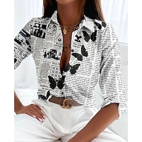 Women's Shirt Blouse White Button Print Butterfly Casual Holiday Long Sleeve Shirt Collar Basic Regular Butterfly S9532875