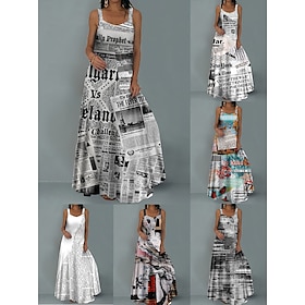 Women's Swing Dress Summer Dress Slip Dress Long Dress Maxi Dress Fashion Vintage Letter Newspaper Print Vacation Weekend Spring Dress Strap Sleeveless Dress R9471400