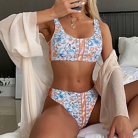 Women's Swimwear Bikini Normal Swimsuit Graphic 2 Piece Printing claret Yellow Pink Blue Coffee Bathing Suits Beach Wear Summer Sports9551708