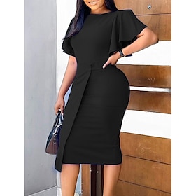 Women's Work Dress Fashion Sheath Dress Semi Formal Dress Midi Dress Crew Neck Ruffle Plain Short Sleeve Slim Black Summer Spring S M L XL XXL9474511