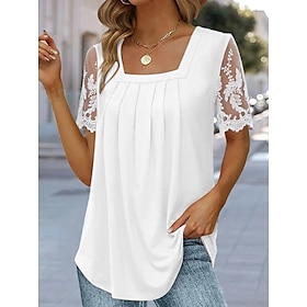 Women's Shirt Blouse White Pink Blue Lace Plain Casual Short Sleeve Square Neck Basic Regular S9524032