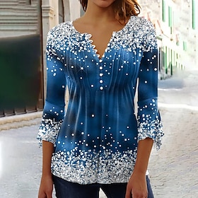 Women's Shirt T shirt Tee Blouse Denim Blue Grass Green Black Button Print Graphic Polka Dot Casual Weekend Long Sleeve Round Neck Basic Regular Plus Size Pain9314304