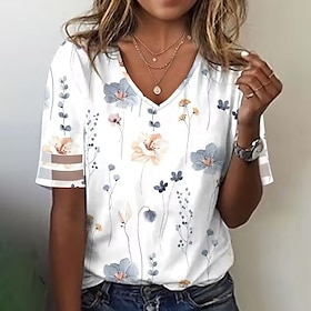 Women's T shirt Tee Blouse Black White Green Print Floral Casual Holiday Short Sleeve V Neck Basic Regular Floral S9584944