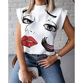 Women's T shirt Tee Black White Wine Print Lip Portrait Casual Valentine Short Sleeve Round Neck Basic Regular Painting S9016981