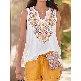 Women's Tank Top Light Yellow Black White Print Floral Casual Holiday Sleeveless V Neck Basic Regular Floral S9574322