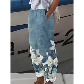 Women's Straight Transparent Blue Transparent Green Dark Chocolate Mid Waist Print Daily Wear Full Length Micro-elastic Flower / Floral Comfy S M L XL XXL9582187