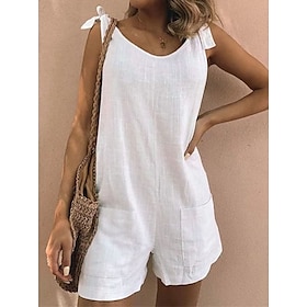 Women's Romper Solid Color Pocket Bow Streetwear Crew Neck Daily Vacation Sleeveless Regular Fit Sleeveless White Yellow Blue S M L Summer9458301