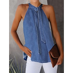 Women's Tank Top Black Blue Grey Lace up Plain Casual Sleeveless Halter Neck Basic Denim Regular S9506324