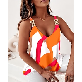 Women's Tank Top Camisole Orange Print Color Block Casual Sleeveless V Neck Basic Regular S9524255