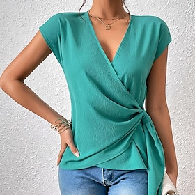 Women's Shirt Blouse Green Lace up Plain Casual Short Sleeve V Neck Basic Regular S9588718