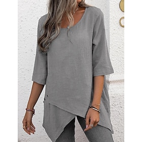 Women's Shirt Blouse ArmyGreen Blue Grey Asymmetric Plain Casual Half Sleeve Round Neck Basic Linen Regular S9561210