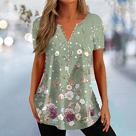 Women's T shirt Tee Pink Blue Green Button Print Floral Holiday Weekend Short Sleeve Round Neck Basic Regular Floral Painting S9582253