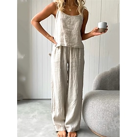 Women's Loungewear Sets Fashion Simple Casual Pure Color Cotton And Linen Street Daily Date Straps Breathable Strap Top Sleeveless Pocket Pant Summer Spring Wh9535986