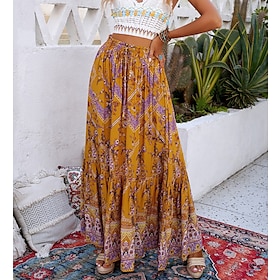 Women's Skirt Long Skirt Cotton Blend Maxi Yellow Skirts Print Autumn / Fall High Waist Going out Casual Daily Fashion Boho S M L9547049