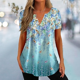 Women's T shirt Tee Pink Blue Green Button Print Floral Holiday Weekend Short Sleeve V Neck Tunic Basic Regular Floral Painting S9550153