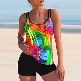 Women's Swimwear Tankini 2 Piece Plus Size Swimsuit Graphic 2 Piece Printing Black Blue Purple Green Rainbow High Neck Tank Top Bathing Suits Beach Wear Summer9488475