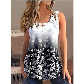 Women's Tank Top White Lace Print Floral Casual Holiday Sleeveless V Neck Basic Regular Floral S9577081