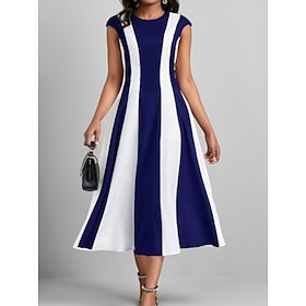 Women's Work Dress Fashion Swing Dress Semi Formal Dress Midi Dress Crew Neck Print Color Block Stripe Short Sleeve Regular Fit Black Wine Royal Blue Summer Sp9518232