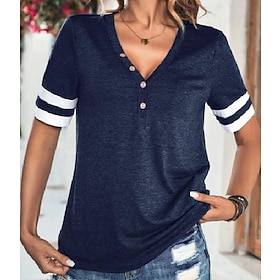 Women's T shirt Tee White Wine Navy Blue Button Plain Daily Weekend Short Sleeve V Neck Basic Regular S9584882