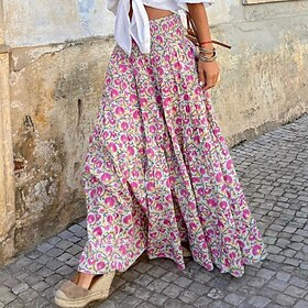 Women's Swing Long Skirt Polyester Maxi Pink Rose Skirts Print Street Vacation Fashion coastalgrandmastyle Boho S M L9510642