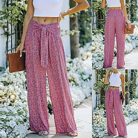 Women's Wide Leg Pants Trousers Red White Casual Print Casual Daily Full Length Micro-elastic Graphic Breathable S M L XL XXL9544629