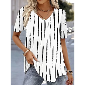 Women's T shirt Tee Grass Green Black White Print Striped Daily Weekend Short Sleeve V Neck Basic Regular Geometric Painting S9585405